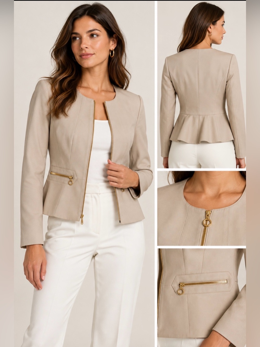 Calvin Klein Women’s Beige Peplum Zip-Front Jacket Blazer